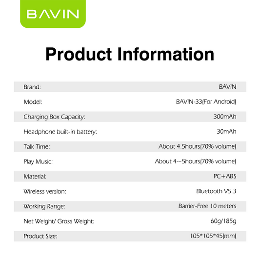 BAVIN BA33 TWS Wireless Bluetooth 5.3 Earbuds – Hi-Fi Stereo Sound & Touch Control 🎧🔥