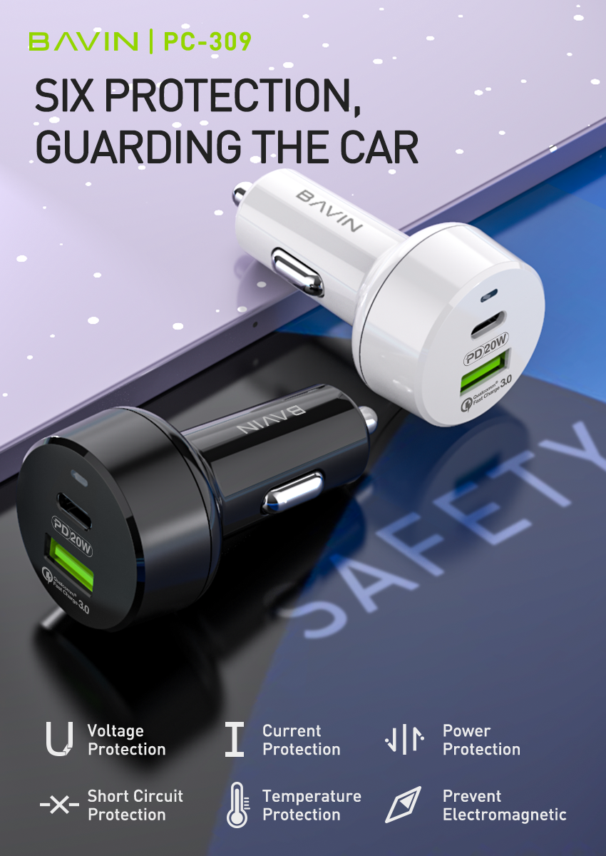 BAVIN PC309 20W PD & QC3.0 Fast Charger – High-Speed Dual-Port Charging Adapter