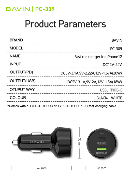 BAVIN PC309 20W PD & QC3.0 Fast Charger – High-Speed Dual-Port Charging Adapter