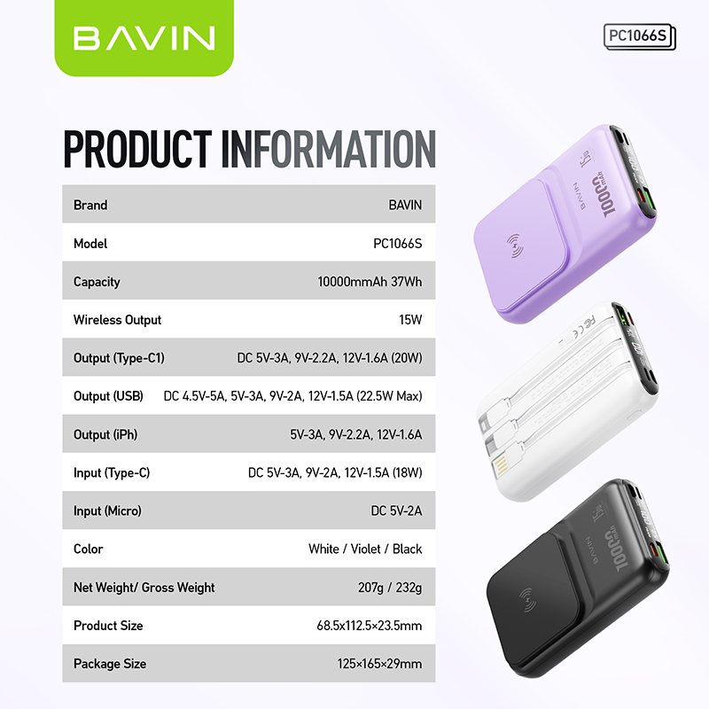 BAVIN PC1066S 10000mAh 15W Wireless Fast Charging Power Bank – Compact, High-Speed & Multi-Device Charging 🔋⚡