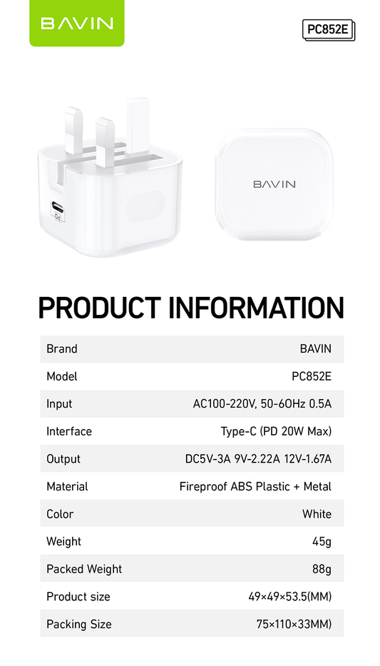 PC852E 20W PD & QC 3.0 Folding UK Plug Fast Charger – Compact, Powerful & Travel-Ready