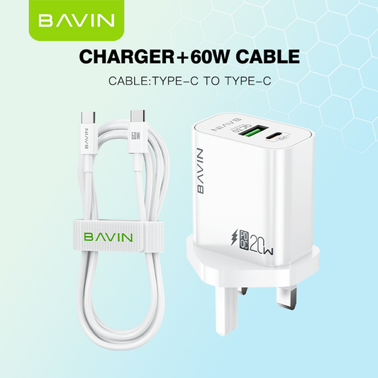 BAVIN PC939E 20W PD & QC3.0 Fast Charger – High-Speed Dual-Port Charging Adapter
