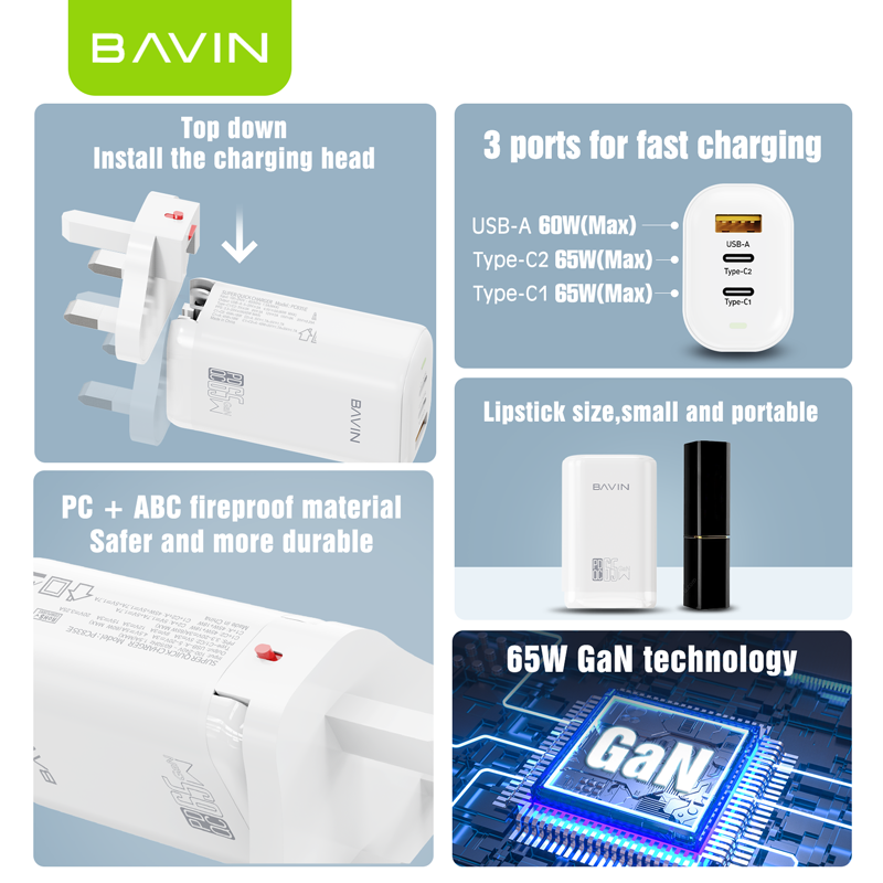 شاحن BAVIN PC835 السريع بتقنية QC 4.0 وPD 3.0 - شحن فائق السرعة بمنفذين لجميع الأجهزة