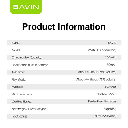 BAVIN BA33 TWS Wireless Bluetooth 5.3 Earbuds – Hi-Fi Stereo Sound & Touch Control 🎧🔥