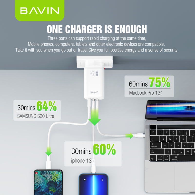 شاحن BAVIN PC835 السريع بتقنية QC 4.0 وPD 3.0 - شحن فائق السرعة بمنفذين لجميع الأجهزة