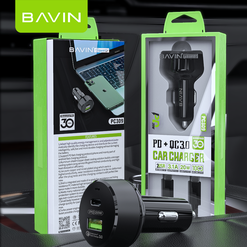 شاحن سريع BAVIN PC309 بقوة 20 واط بتقنية PD وQC3.0 - محول شحن عالي السرعة بمنفذين