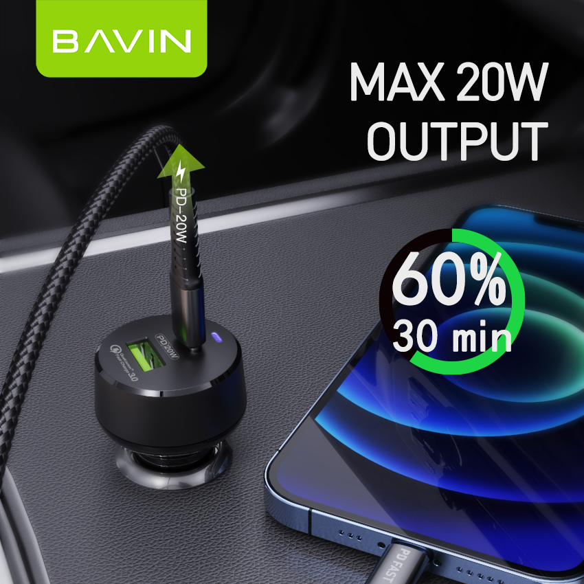 شاحن سريع BAVIN PC309 بقوة 20 واط بتقنية PD وQC3.0 - محول شحن عالي السرعة بمنفذين