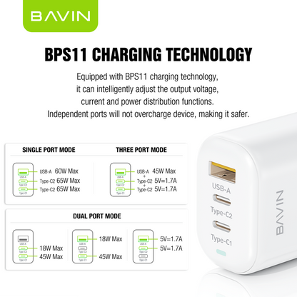 شاحن BAVIN PC835 السريع بتقنية QC 4.0 وPD 3.0 - شحن فائق السرعة بمنفذين لجميع الأجهزة