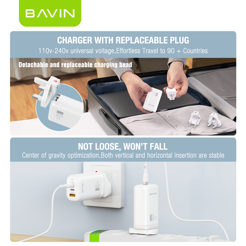 شاحن BAVIN PC835 السريع بتقنية QC 4.0 وPD 3.0 - شحن فائق السرعة بمنفذين لجميع الأجهزة