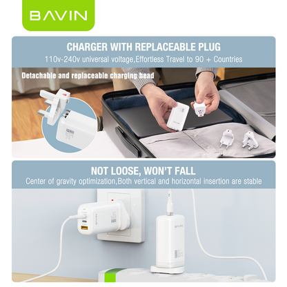 شاحن BAVIN PC835 السريع بتقنية QC 4.0 وPD 3.0 - شحن فائق السرعة بمنفذين لجميع الأجهزة