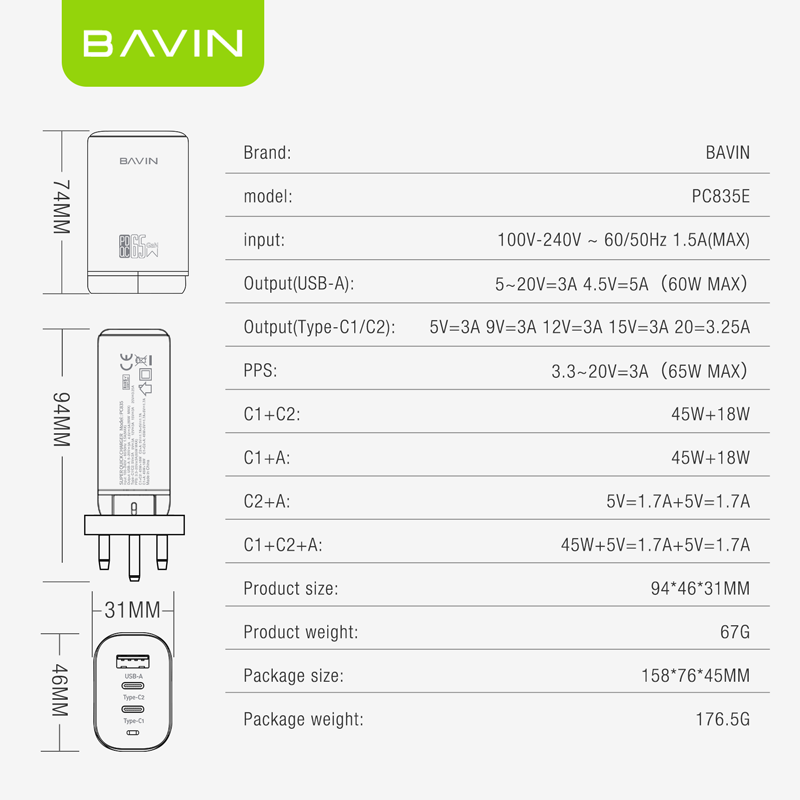 شاحن BAVIN PC835 السريع بتقنية QC 4.0 وPD 3.0 - شحن فائق السرعة بمنفذين لجميع الأجهزة