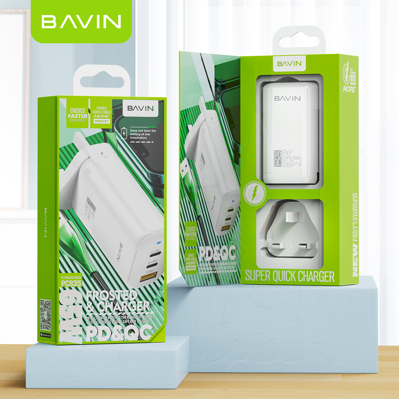 شاحن BAVIN PC835 السريع بتقنية QC 4.0 وPD 3.0 - شحن فائق السرعة بمنفذين لجميع الأجهزة