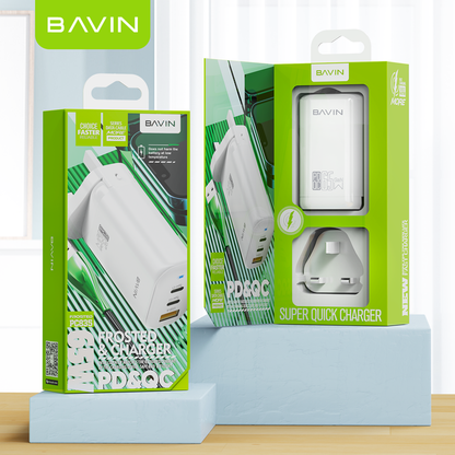 شاحن BAVIN PC835 السريع بتقنية QC 4.0 وPD 3.0 - شحن فائق السرعة بمنفذين لجميع الأجهزة