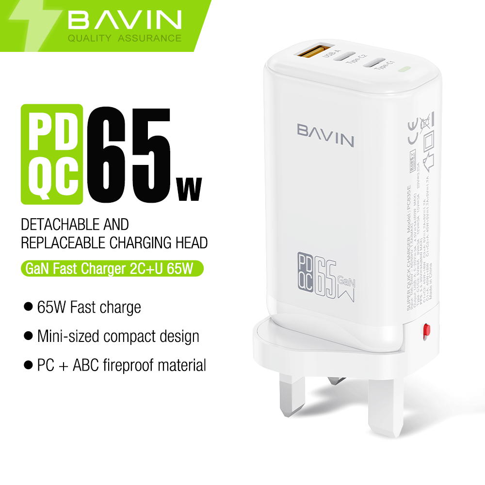 شاحن BAVIN PC835 السريع بتقنية QC 4.0 وPD 3.0 - شحن فائق السرعة بمنفذين لجميع الأجهزة