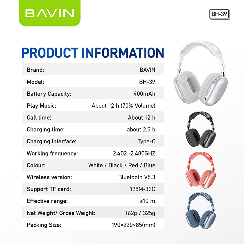 BH39 Wireless Bluetooth 5.3 Noise Cancelling Headphones with Hi-Fi Audio