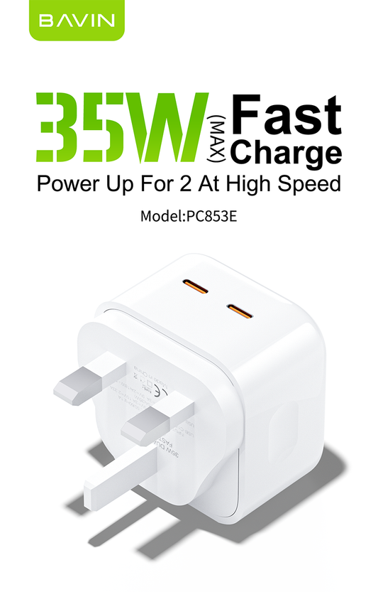 PC853E 35W PD Type-C & USB Fast Charger – Ultra-Powerful Dual-Port Charging Adapter