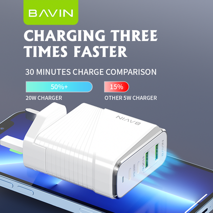 شاحن BAVIN PC522E PD وQC 3.0 السريع - شحن عالي السرعة بمنفذين لجميع الأجهزة