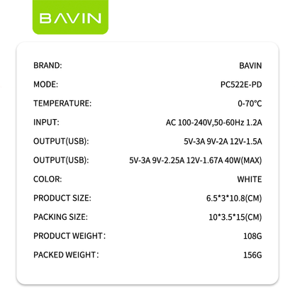 شاحن BAVIN PC522E PD وQC 3.0 السريع - شحن عالي السرعة بمنفذين لجميع الأجهزة
