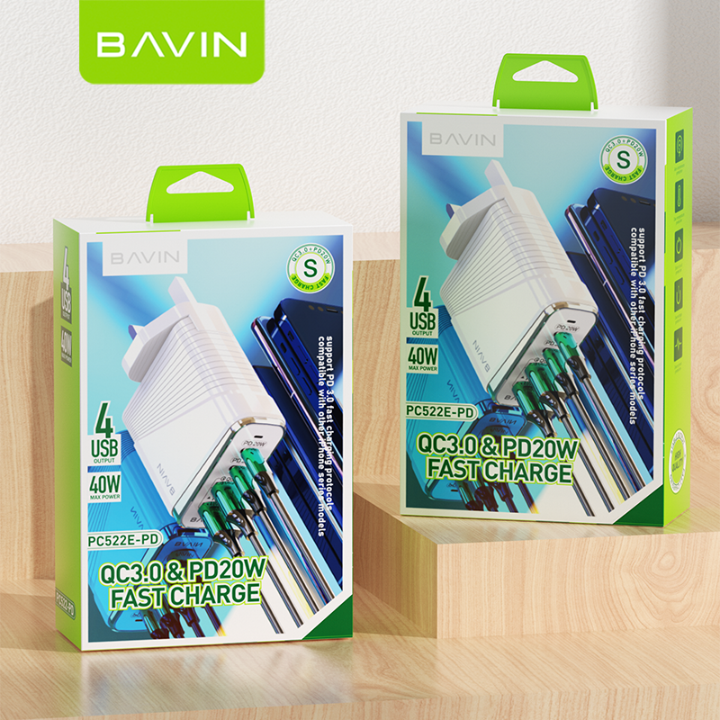شاحن BAVIN PC522E PD وQC 3.0 السريع - شحن عالي السرعة بمنفذين لجميع الأجهزة