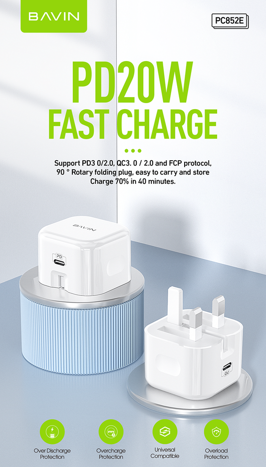 PC852E 20W PD & QC 3.0 Folding UK Plug Fast Charger – Compact, Powerful & Travel-Ready
