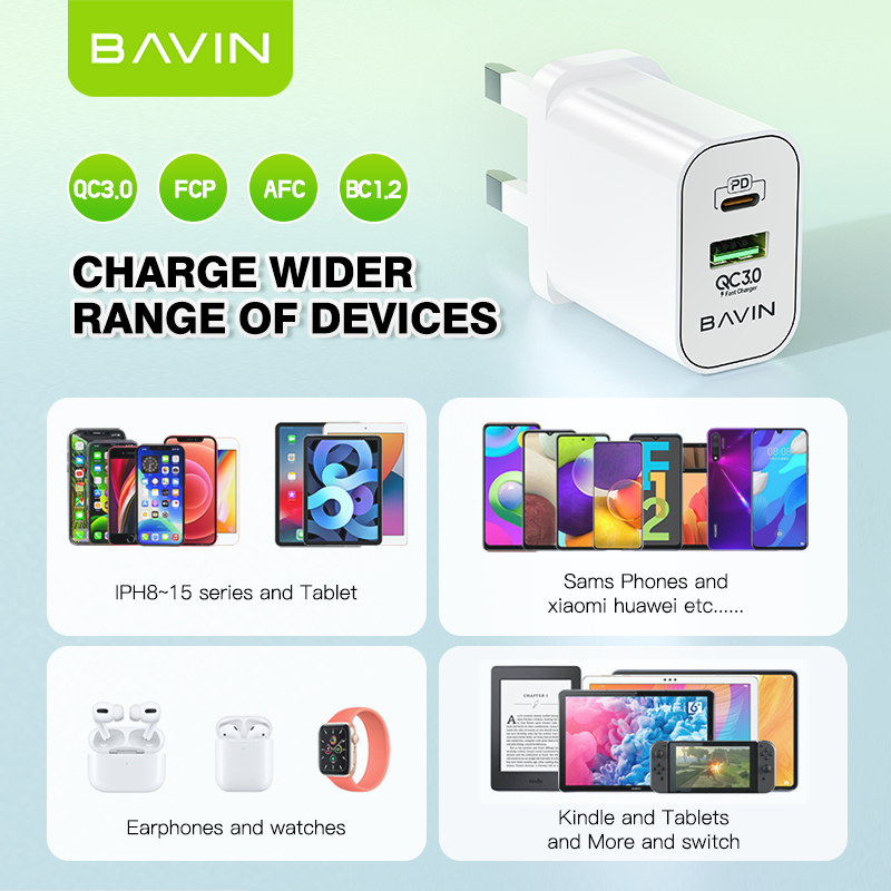 BAVIN PC939E 20W PD & QC3.0 Fast Charger – High-Speed Dual-Port Charging Adapter