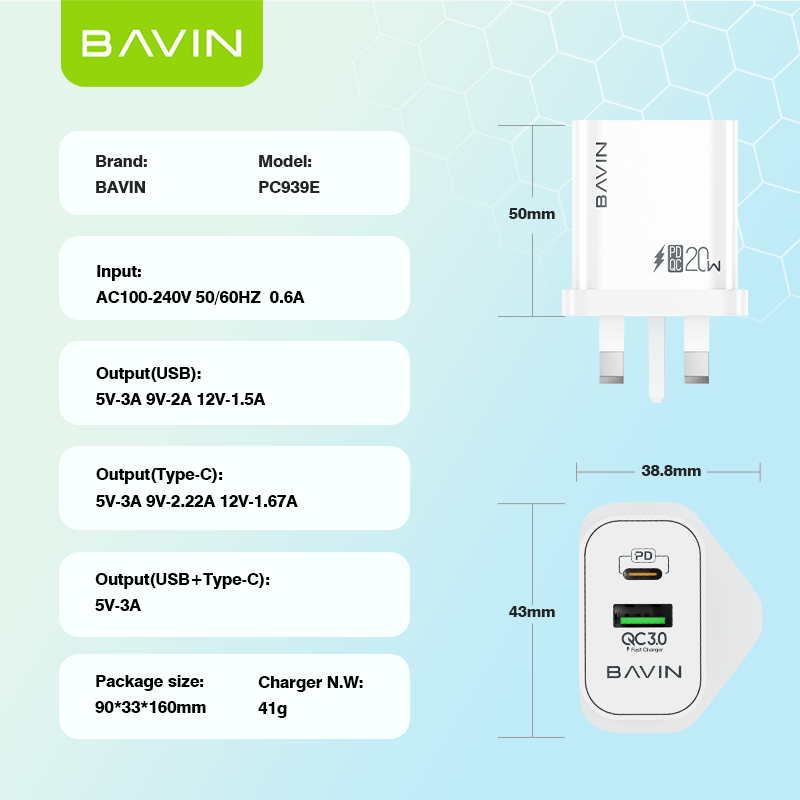 BAVIN PC939E 20W PD & QC3.0 Fast Charger – High-Speed Dual-Port Charging Adapter