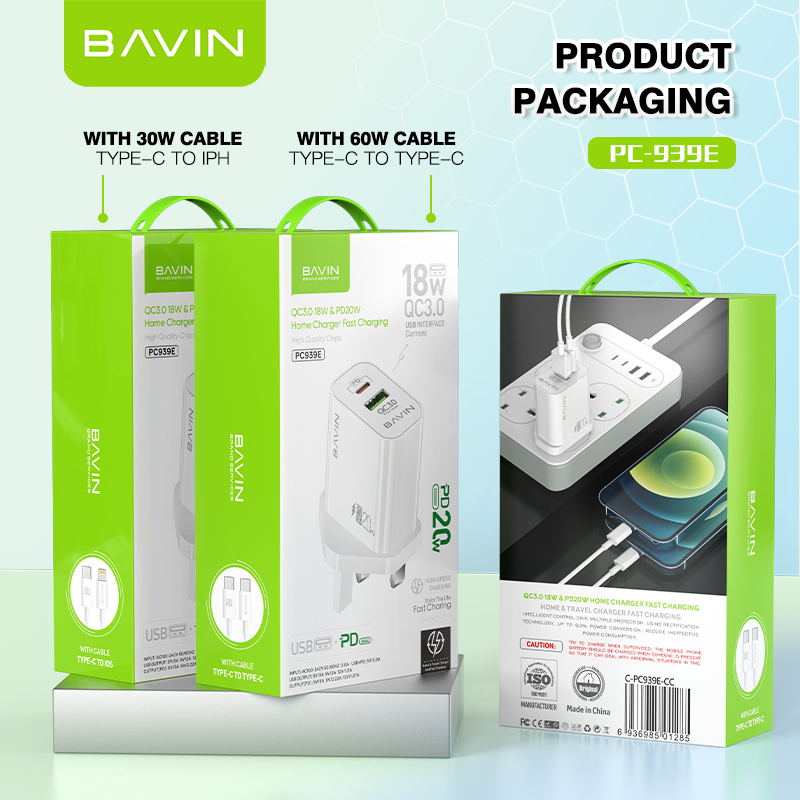 BAVIN PC939E 20W PD & QC3.0 Fast Charger – High-Speed Dual-Port Charging Adapter