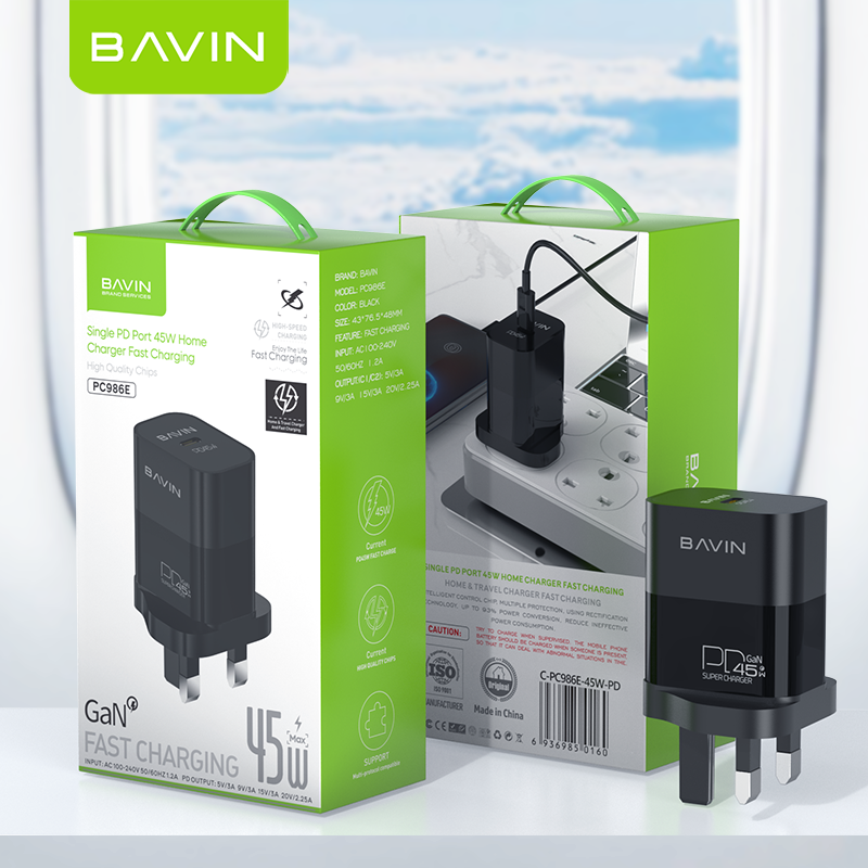 PC986E 45W PD Fast Charger – GaN UK Plug Adapter for High-Speed Charging