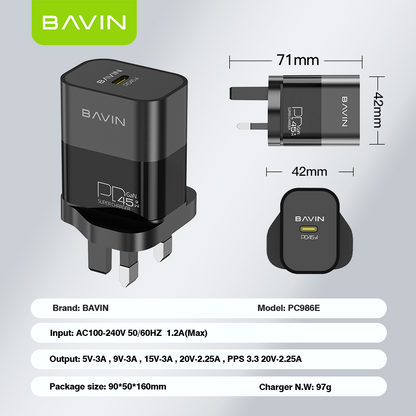 PC986E 45W PD Fast Charger – GaN UK Plug Adapter for High-Speed Charging