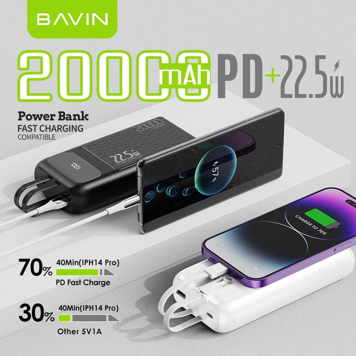 بنك طاقة BAVIN 20000 مللي أمبير/ساعة 20 واط PD للشحن السريع - سعة فائقة ومخرج مزدوج 🔋⚡