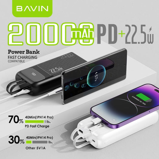 بنك طاقة BAVIN 20000 مللي أمبير/ساعة 20 واط PD للشحن السريع - سعة فائقة ومخرج مزدوج 🔋⚡