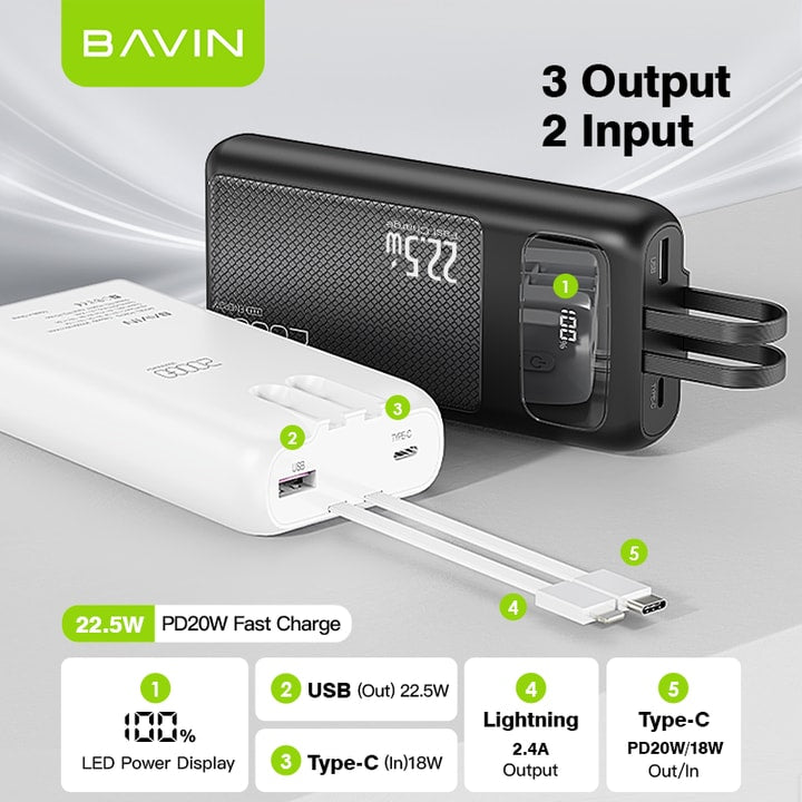 بنك طاقة BAVIN 20000 مللي أمبير/ساعة 20 واط PD للشحن السريع - سعة فائقة ومخرج مزدوج 🔋⚡