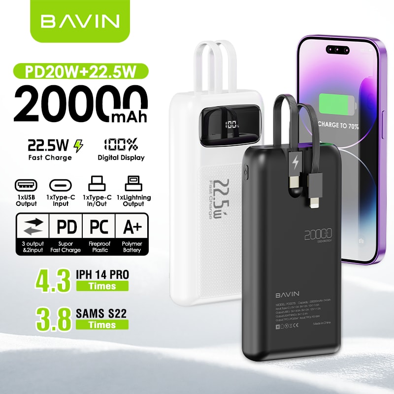 بنك طاقة BAVIN 20000 مللي أمبير/ساعة 20 واط PD للشحن السريع - سعة فائقة ومخرج مزدوج 🔋⚡